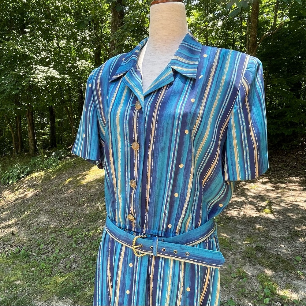 Leslie Fay Vintage 1980s Short-sleeve Belted Blue Striped Secretary Dress 14 - Picture 7 of 8